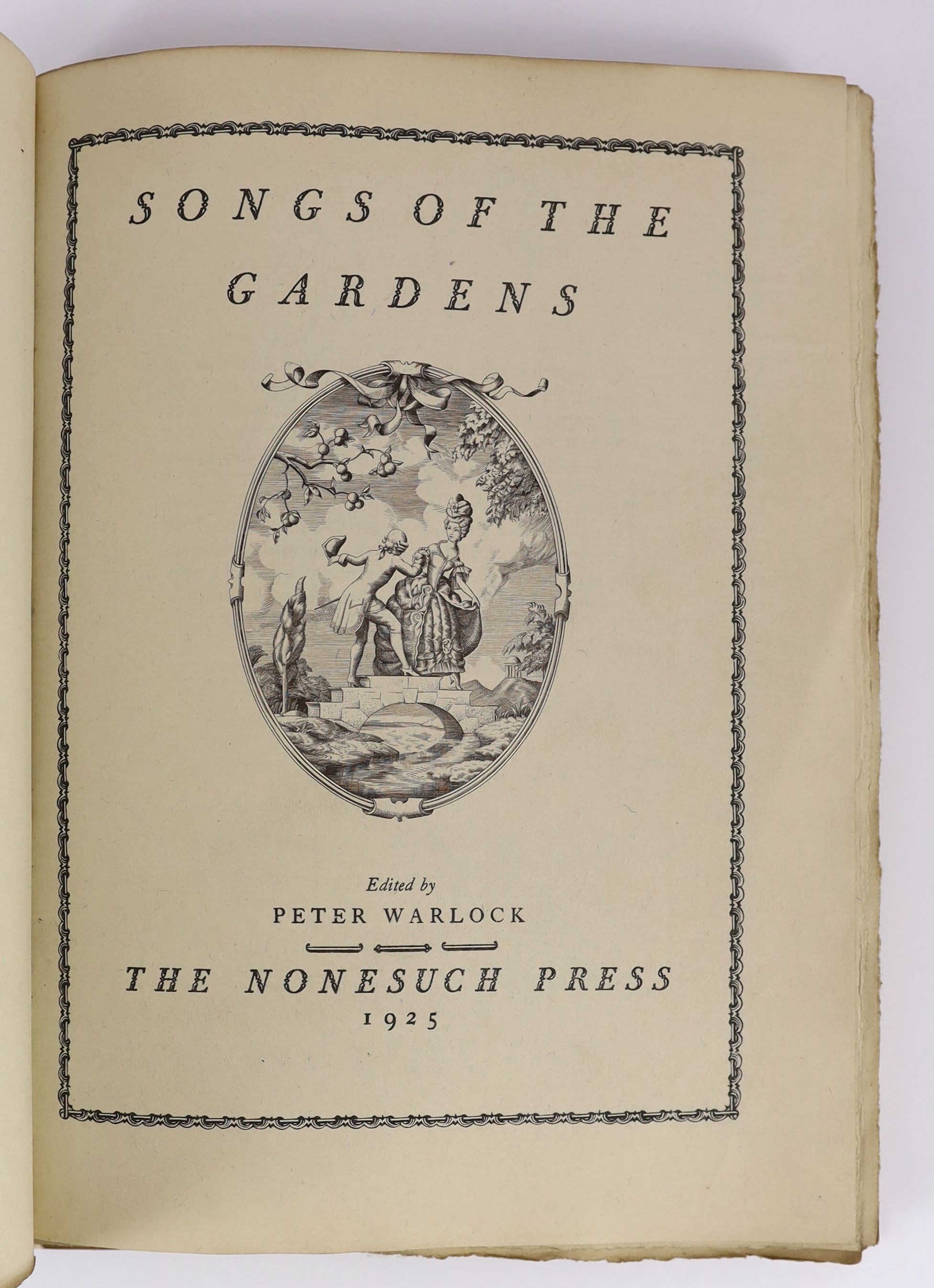 Nonesuch Press - 4 works - Warlock, Peter (editor) - Songs of the Gardens, 4to, cream paper covered boards (warped), title vignette by Stephen Gooden, 1925; The Nonesuch Dickens: Retrospectus and Prospectus, 1937; Marvel